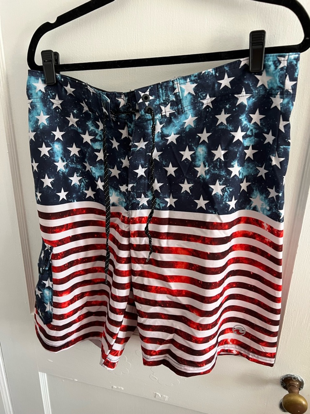 Ocean Current, Red, White and Blue Star & Stripe Flag Swim Trunks SZ 34